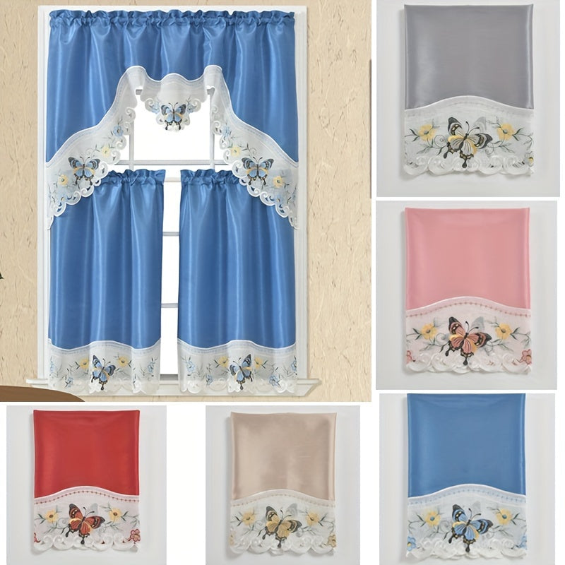 1 SET 3pcs/set Polyester plain fabric with beige floral lace, machine- pink blue gray burgundy butterfly pattern curtains, suitable for home decoration, bathroom, living room, bedroom, kitchen, outdoor decor, villa, wedding,